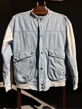 Vintage Generation One Colorblock Bomber Jacket Blue White Snap Front Oversize